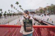 Back view of a traveler on a bridge with palm trees and cityscape, capturing a serene urban moment.